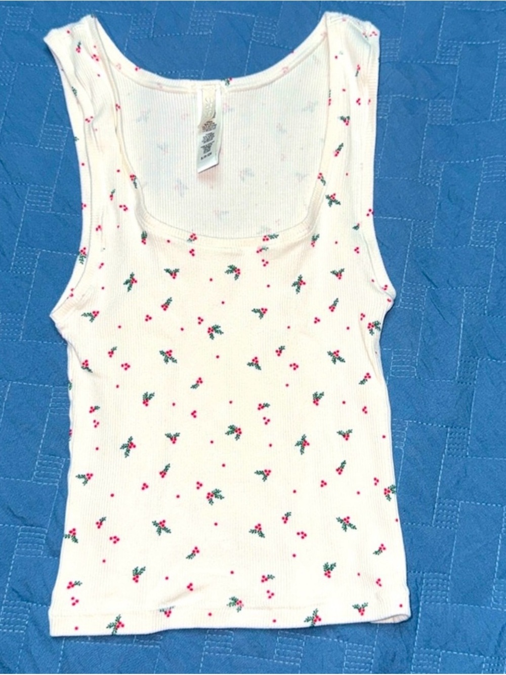 SKIMS Cream Ribbed Tank with Pink & Green Micro Floral